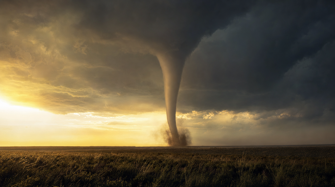 Funil de tornado tocando o solo, fenômeno de tempestade severa