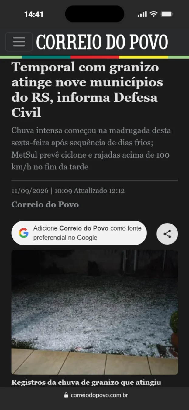Correio do Povo: temporal com granizo atinge nove municípios do RS