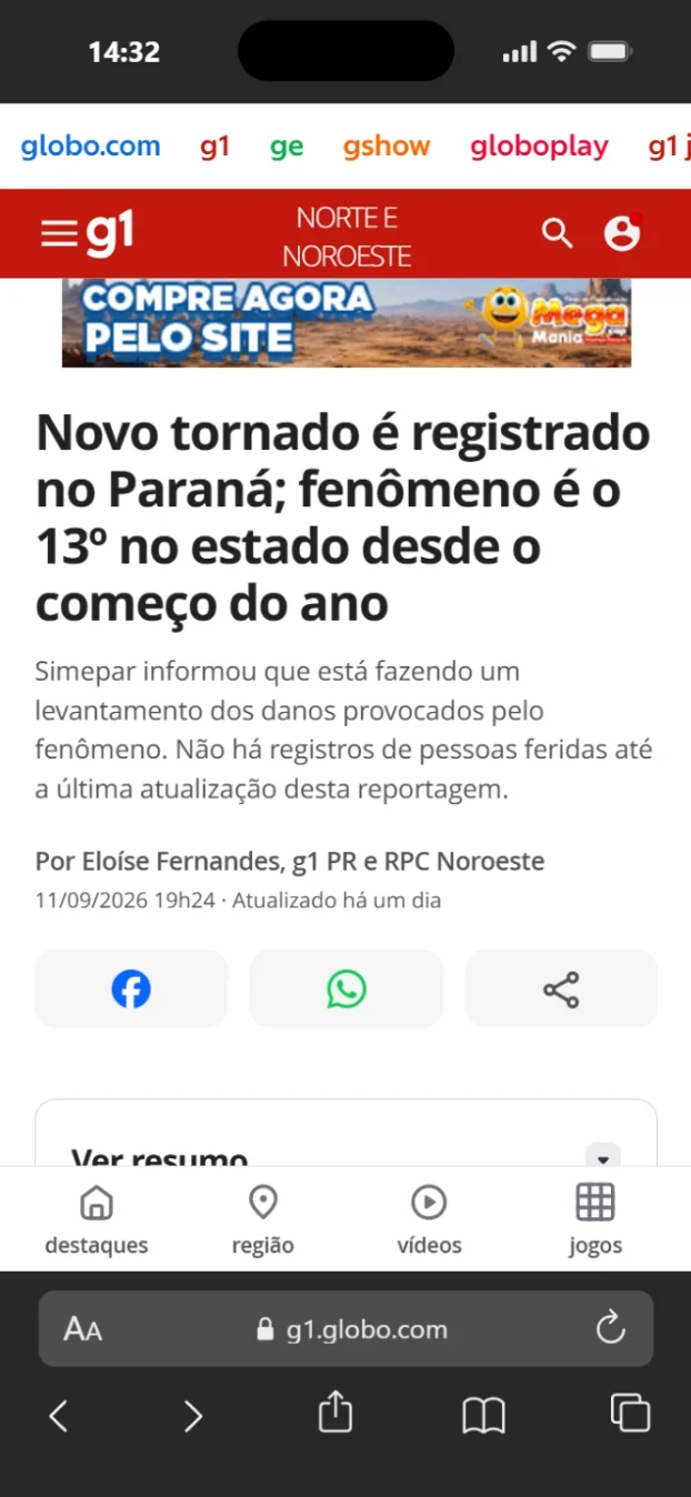G1: novo tornado é registrado no Paraná, 13º no estado desde o começo do ano