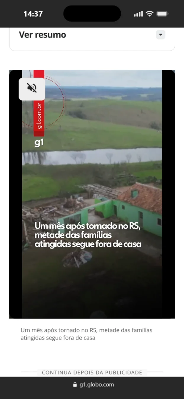 G1: um mês após tornado no RS, metade das famílias atingidas segue fora de casa