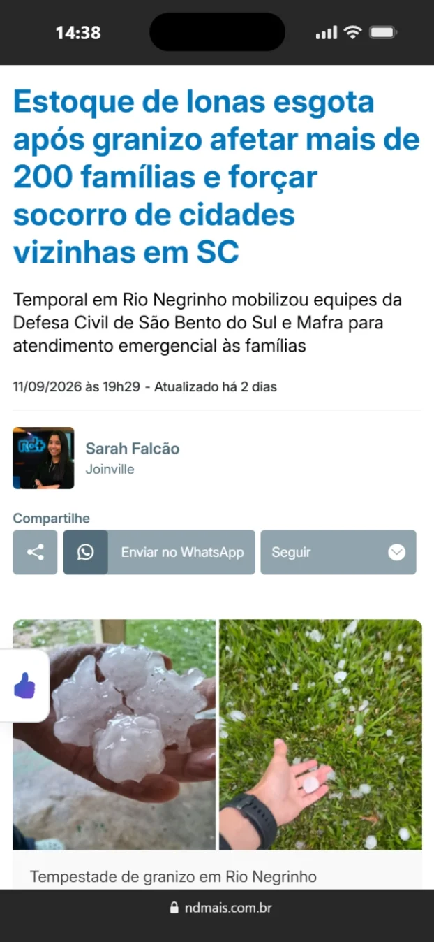 ND Mais: estoque de lonas esgota após granizo afetar mais de 200 famílias em SC