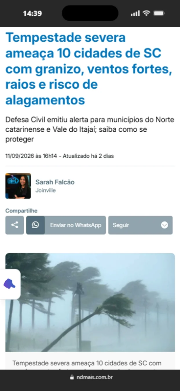 ND Mais: tempestade severa ameaça 10 cidades de SC com granizo, ventos fortes e raios