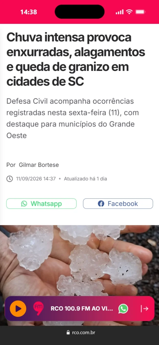 RCO: chuva intensa provoca enxurradas, alagamentos e queda de granizo em cidades de SC