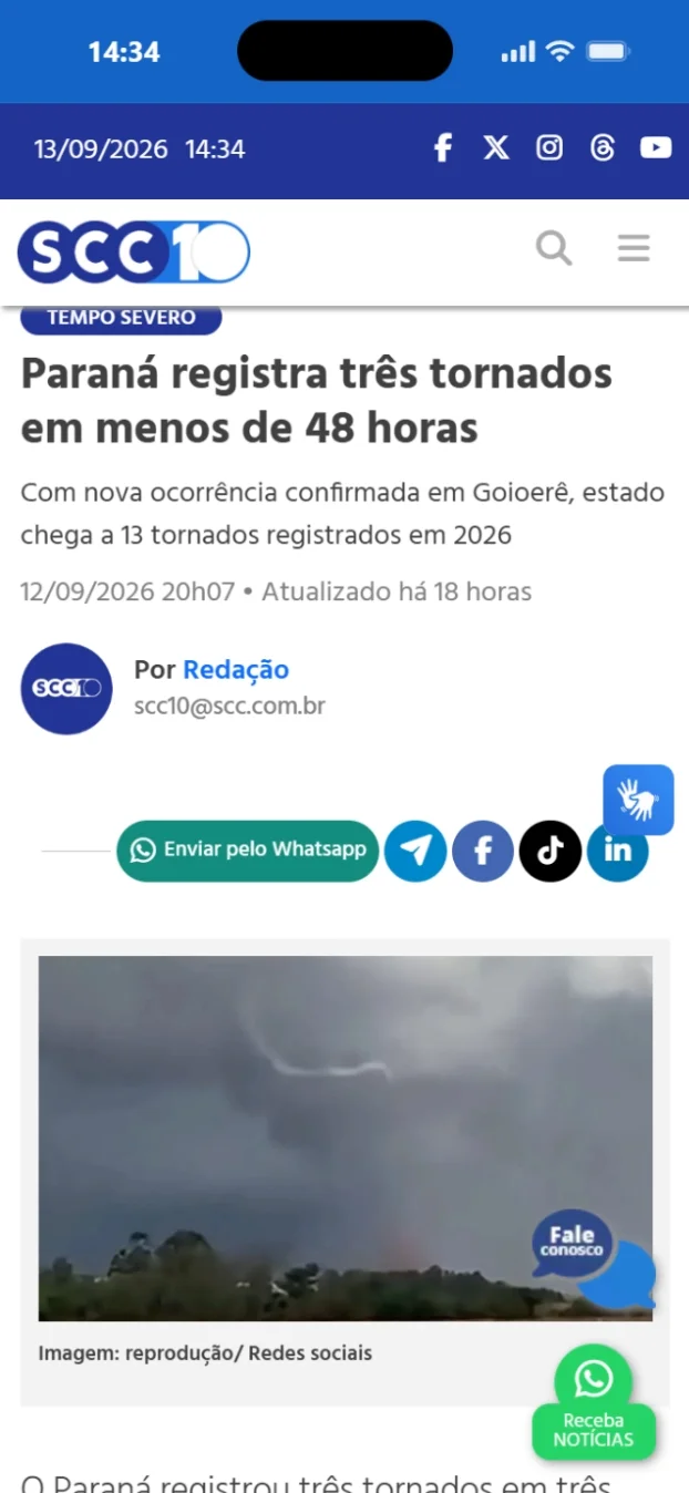 SCC10: Paraná registra três tornados em menos de 48 horas